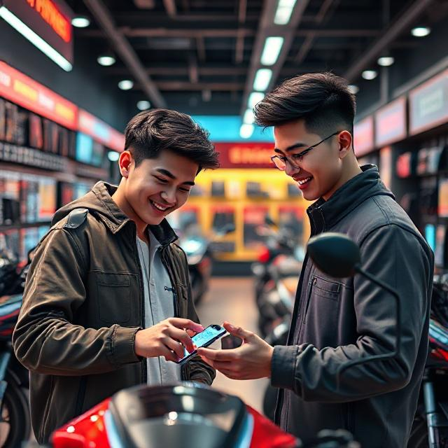 Happy customers shopping for electronics and motorbikes